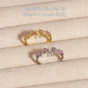 Pink Crystal Bow Knot Open Statement Rings Eternity Promise Band Engagement Wdding Rings Stacking Finger Band Adjustable Dainty Jewelry Gift For Friends