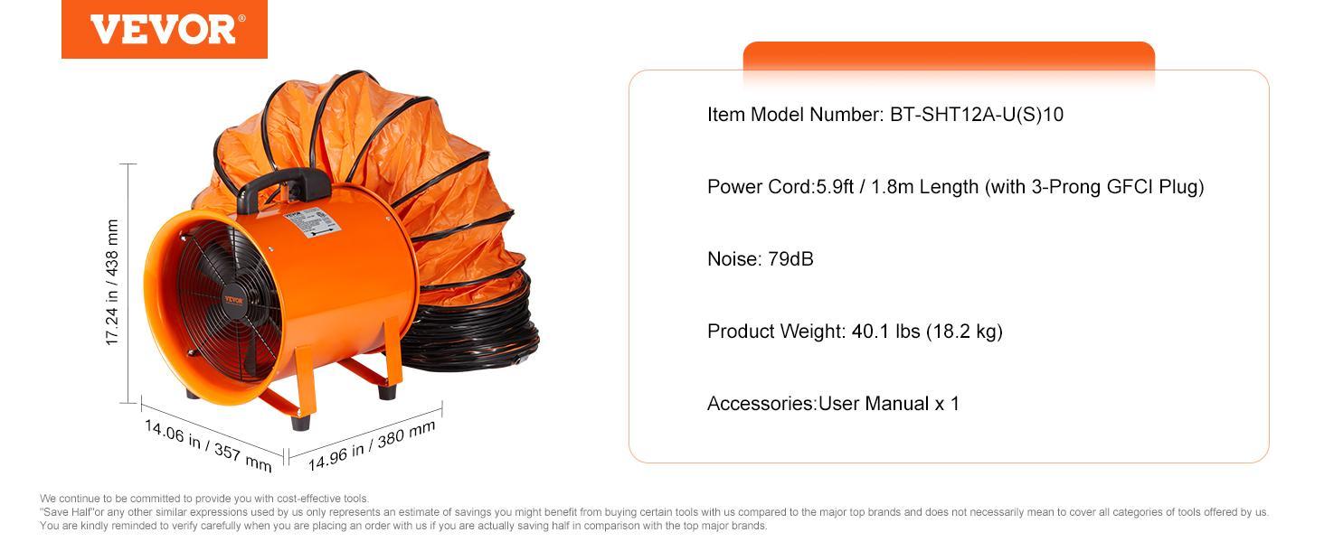 VEVOR Portable Ventilator,  , 12 inch Heavy Duty Cylinder Fan with 16.4ft Duct Hose, 585W Strong Shop Exhaust Blower 3198CFM, Industrial Utility Blower for Sucking Dust, Smoke, Smoke Home/Workplace，High Velocity, Low Noise