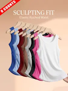 Women's Solid Color Ribbed Round Neck Sports Tank Top, Breathable Quick Drying Sleeveless Top for Casual Daily Wear, Ladies Sportswear for Indoor Outdoor Wear