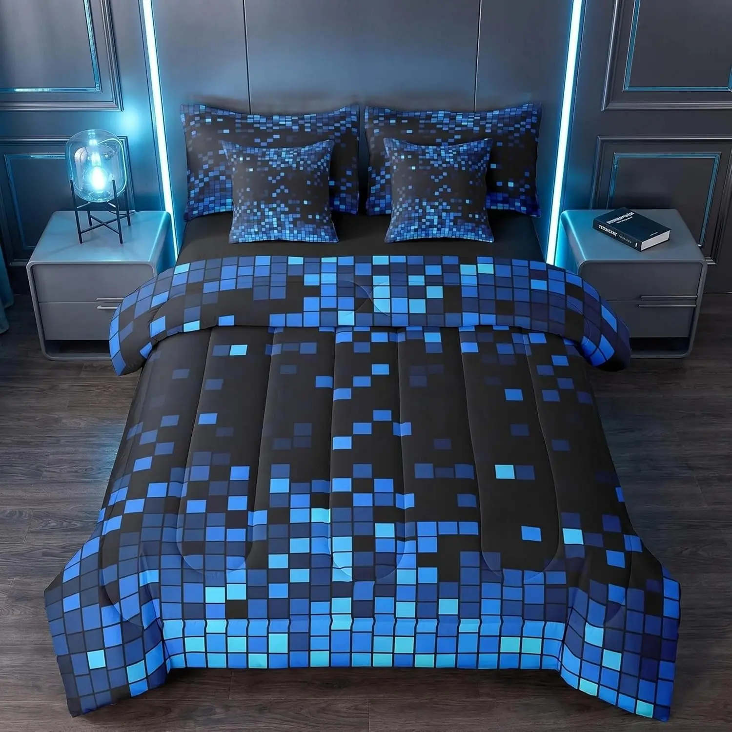 Blue Black 8-bit Pixel Comforter with Sheet Set 7 PCS Trendy Gamer Bedding Set Retro Pixel Bed in a Bag Wrinkle Resistant Bedroom Decor