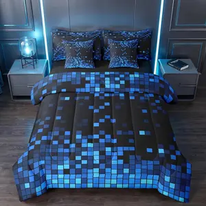 Blue Black 8-bit Pixel Comforter with Sheet Set 7 PCS Trendy Gamer Bedding Set Retro Pixel Bed in a Bag Wrinkle Resistant Bedroom Decor