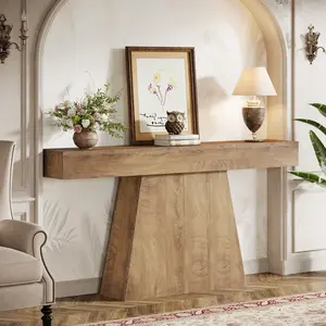 LITTLE TREE 63" Console Table, Farmhouse Entryway Table with Trapezoidal Base, Narrow Long Wood Sofa Table Behind Couch Table for Entrance, Hallway, Living Room, Natural