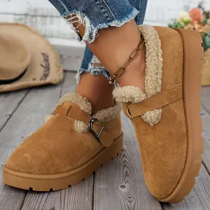 Women's Cozy Winter Ankle Boots - Plush Lined, Buckle Strap, Thick Rubber Sole, Casual Brown Platform Shoes, Winter Footwear |   Casual Platform Boots |   Rubber Sole Shoes