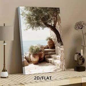 2D/FLAT, 1 Piece 2D Flat Print Wooden Scroll Painting Mediterranean Style Olive Tree Stone Step Ceramic Pot Decorative Painting Perfect for Living Room, Bedroom, Office, Restaurant, Cafe, Ideal Holiday Gift, Modern Home Decor|Unique Wall Art