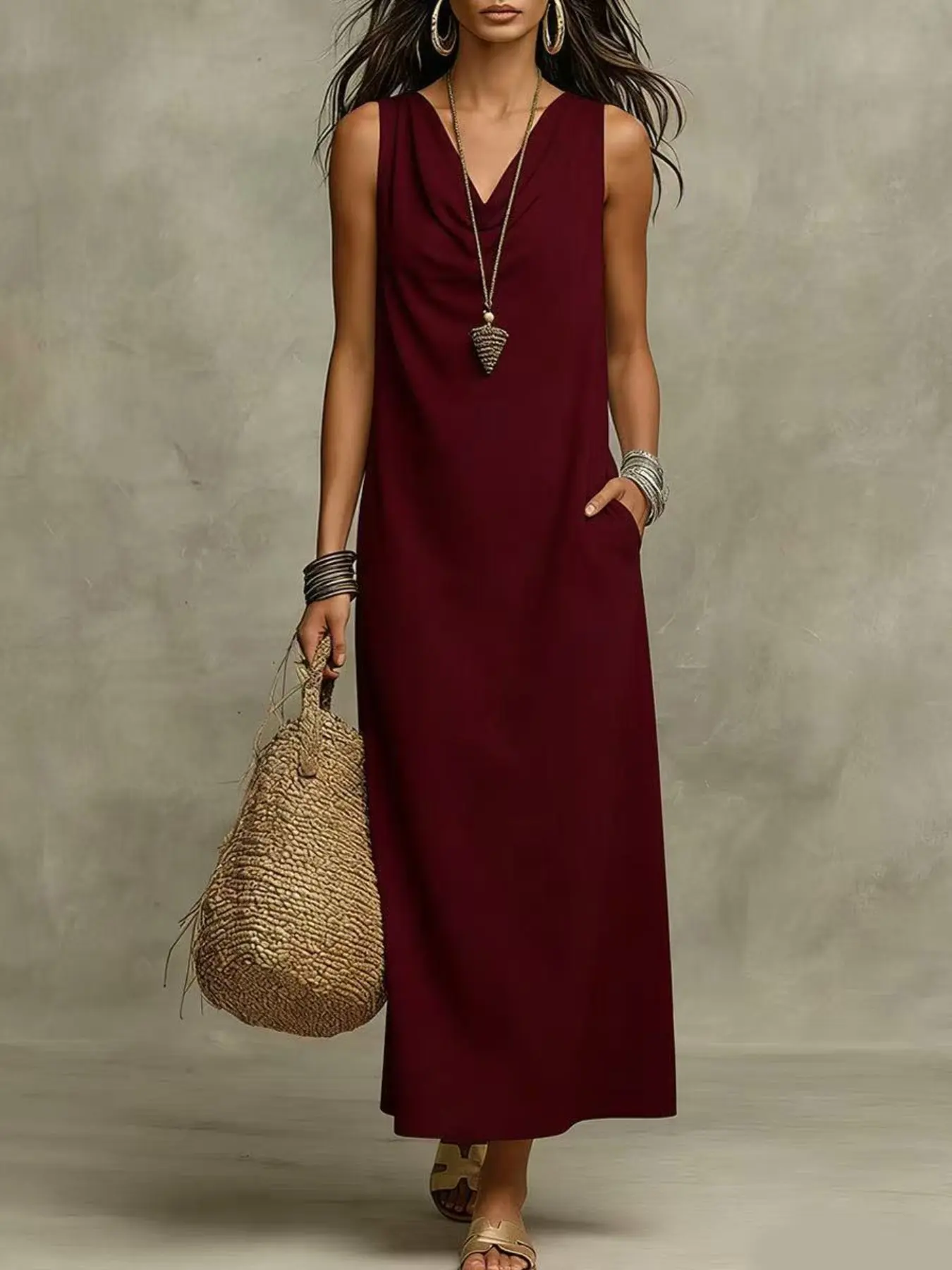 2026 Summer New Arrival Women's Casual Dress, Sleeveless V-Neck Elegant Chic Minimalist Long Dress, Cross-Border Fashionable Female Clothing, Casual Wear