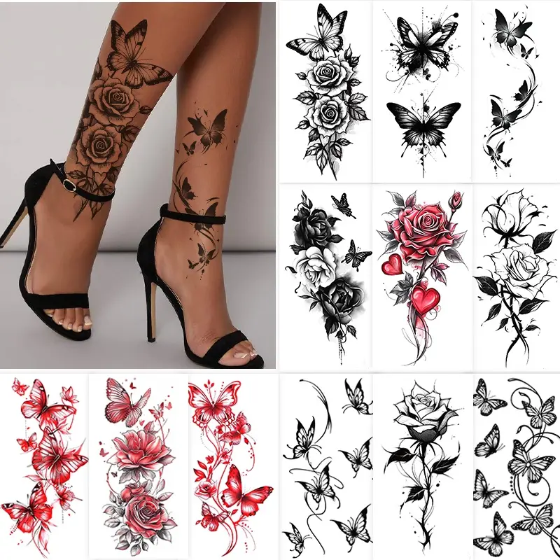 12 Sheets Long-Lasting Temporary Tattoo Stickers, Waterproof Body Art for Sensitive Skin with Rose, Butterfly, Geometric & Animal Print Designs, Tattoo Art, Temporary Tattoos