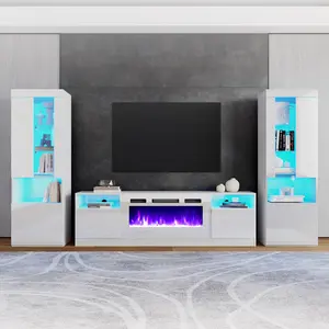 VanAcc Highgloss Fireplace Entertainment Center Set, Includes 80" Fireplace TV Stand & 2 LED Highgloss Bookcases, Storage Cabinets for TVs up to 90"
