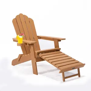 Story folding Adirondack chair with pull-out footstool with cup holder, oversized, Poly Lumber, suitable for terrace gardens and backyard furniture, easy to install.