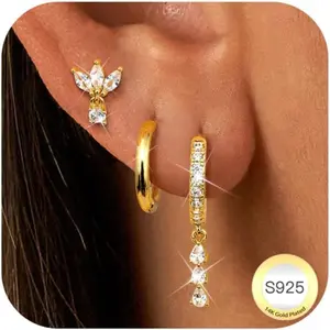 MILACOLATO 3 Pairs Gold Earrings Set for Women 925 Sterling Silver Hoop Earring Set 14K Plated Gold Hoop Earrings Small Huggie Hoops Hypoallergenic Studs Earring CZ Cartilage for Multiple Piercing