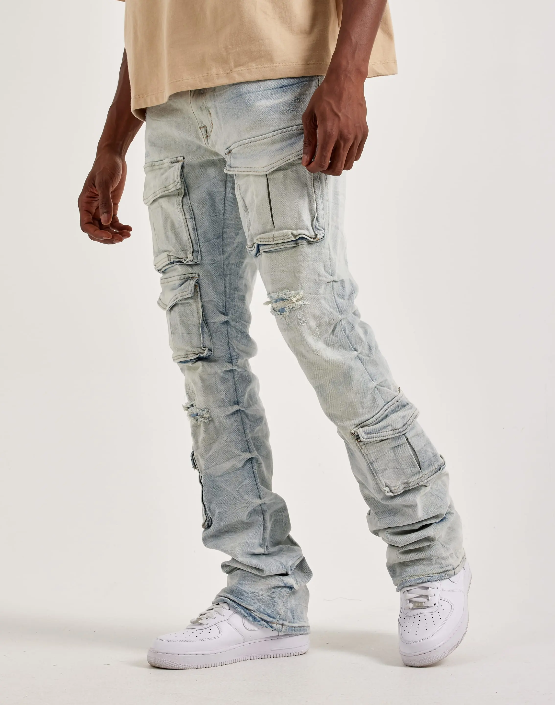 Mens Smoke Rise Utility Pocket Stacked Denim Jeans