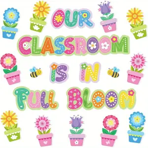 Colorful Flower Pattern Cut Outs, 31pcs/set Our Classroom Is in Full Bloom Letter Cut Outs, Classroom Decorations for Spring Home School Wall Door Decorations