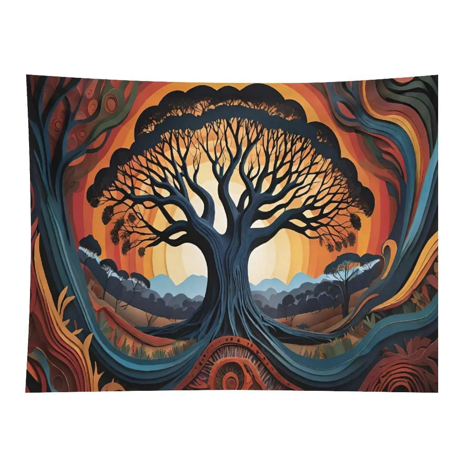 Layered Paper Cut Style Giant Savannah Tree Sunset Landscape Boho African Nature Scenery Wall Tapestry Living Room Home Decor