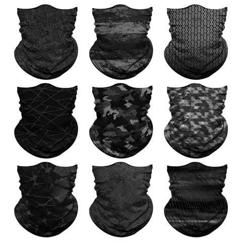 Unisex 9-Pack Seamless Neck Gaiter Masks - Baroque, Camouflage, Black Designs, Multi-Use as Scarf, Band, Balaclava, Headband, Sun Shield, Daily & Commute Essential Fashion Accessory