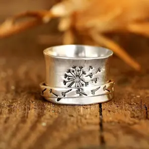 Engraved dandelion rotating ring silver flower rotating ring decompression ring