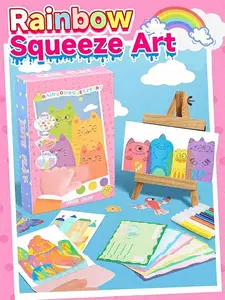 Rainbow Squeeze Art Crafting Kit for Unisex Kids, 35PCS Dual-Sided Creative Suite with 20 Scratch Papers, Acrylic Paints, Watercolor Pens, Stickers, Squeegee Board, DIY Scratch Painting Supplies for Creative Sessions, Valentines Day Screen-Free Gift