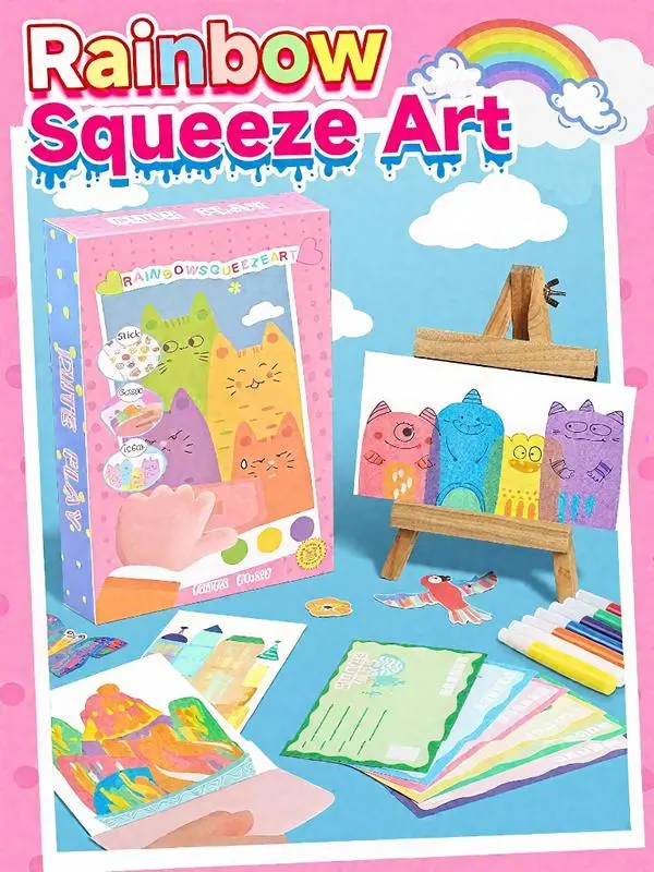 Rainbow Squeeze Art Crafting Kit for Unisex Kids, 35PCS Dual-Sided Creative Suite with 20 Scratch Papers, Acrylic Paints, Watercolor Pens, Stickers, Squeegee Board, DIY Scratch Painting Supplies for Creative Sessions, Valentines Day Screen-Free Gift