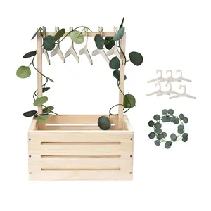 Wooden Baby Shower Crate Closet, Newborn Gift Basket with Handle and Hanger Garland, Gender Reveal Storage Box, Personalized Baby Gift for Pregnant New Parents NO.LPL Wood-S