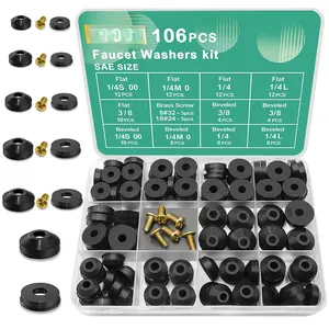106 count Faucet Washer Assortment Kit with Assorted Flat and Beveled Rubber Washers for Outdoor Garden Faucet Stem Leak Worn Replacement Repair
