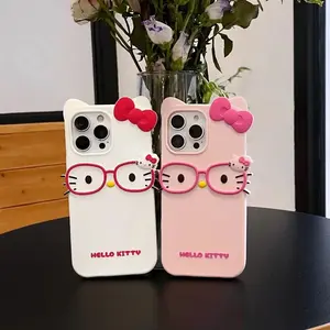 3D Cute Hello Kitty Phone Case with Red Glasses - Soft Silicone Shockproof Cover for iPhone 16 15 14 13 12 11 Pro Max Plus XR XS - Kawaii Cartoon Gift