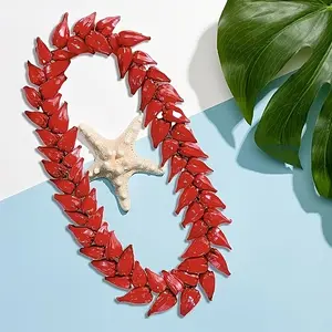 Red Beaded Necklace - Vintage Ula Fala Style with Starfish Accent, Bohemian Wooden Chain for Women, Natural Wood Jewelry