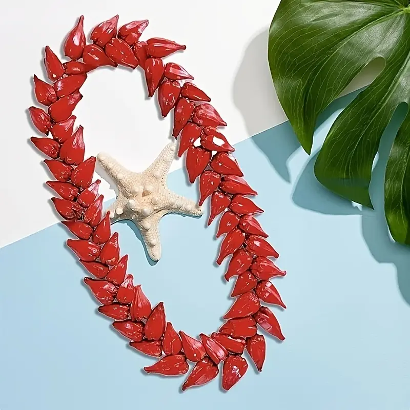 Red Beaded Necklace - Vintage Ula Fala Style with Starfish Accent, Bohemian Wooden Chain for Women, Natural Wood Jewelry