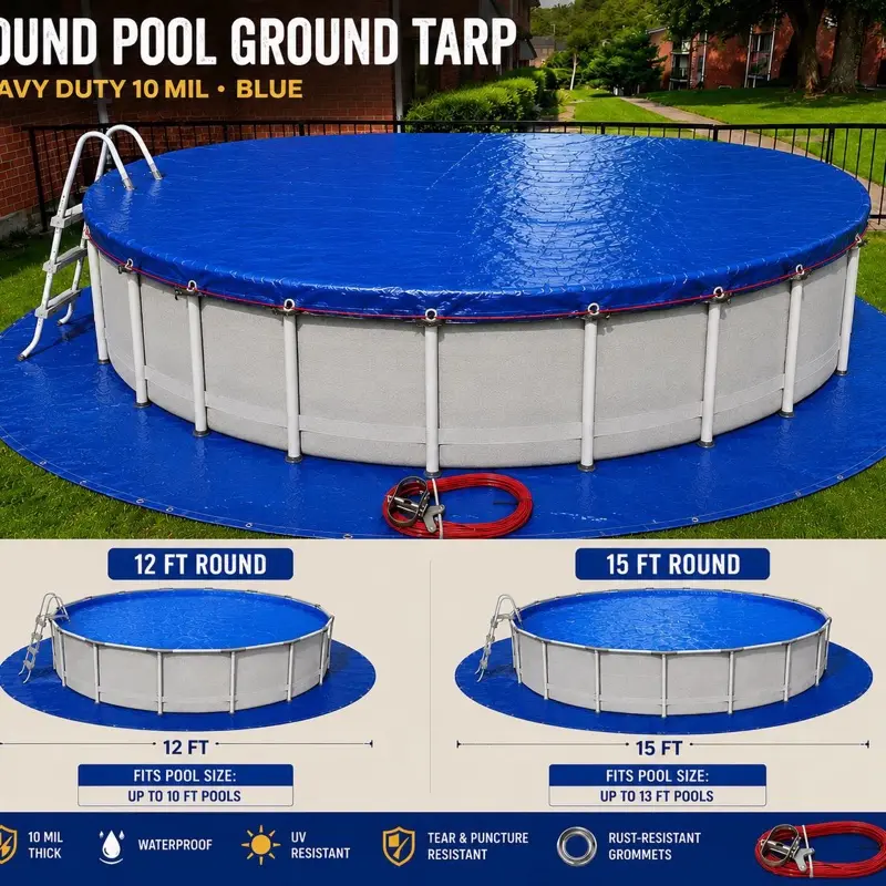 Heavy Duty Round Pool Ground Tarp 10 Mil | Waterproof Under Pool Ground Cover | Above Ground Pool Pad with Cable & Winch | blue | 12 FT & 15 FT