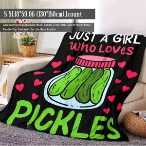 Cartoon Pickles Pattern Flannel Blanket, Slogan Print Blanket, Soft Throw Blanket, Lightweight Cozy Blanket, Air-conditioned Room Blanket, Warm Nap Blanket for Home Office Travel Camping