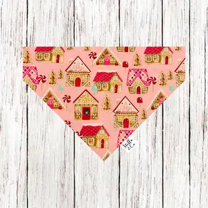 Stella & Co. Boutique Glitter Pink Gingerbread Houses Dog Bandana for Winter - Christmas Dog Bandana - Cotton Pet Neck Accessory