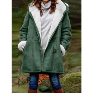 Shipping included Plus Size Fleece-Lined Cotton Coat for Women Solid Color Fleece-Lined Top with Fur Collar and Hood Mid-Length Cotton Jacket Womenswear Outerwear Long Sleeve Fitted Basic Casual Minimalist Pink Can be used with raincoat