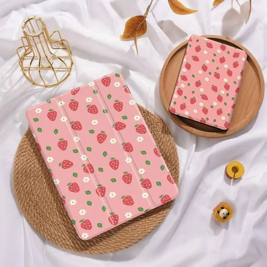 Cute Strawberry Print Tablet Case, Tablet Protective Cover, Tablet Computer Accessory, Fits iPad 10th Gen, iPad Air 5/4, iPad Pro 11 Inch, Three-Fold Stand, Anti-Drop Protection, Sweet Floral Design