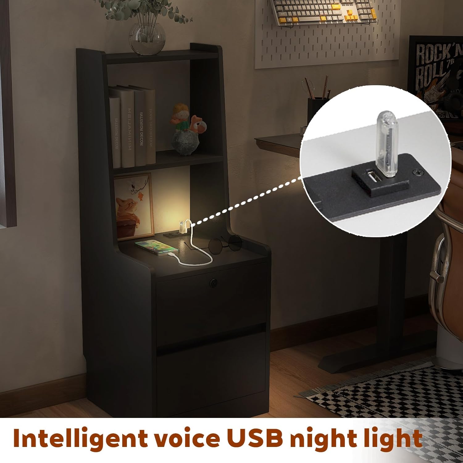 Modern Smart Nightstand with Night Light & Charging Station, Night Stand with Bookshelf, Lockable Bedside Cabinet Tables with 2 Storage Drawers for Bedroom Home Office (Black) Modern Smart Nightstand with Night Light & Charging Station, Night Stand with Bookshelf, Lockable Bedside Cabinet Tables with 2 Storage Drawers for Bedroom Home Office (Black)