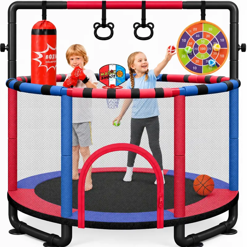 Dripex 55" Unisex Kids Trampoline with Enclosure - 6-in-1 Indoor-Outdoor Toddler Trampoline, Anti-Rust Tube, Adjustable Gymnastics Bars, Rings, Dartboard, Punching Bag for Siblings