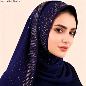 Elegant Navy Blue Chiffon Hijab with Sparkling Gold Rhinestone Galaxy, Premium Soft Breathable Headscarf, Muslim Women Shawl for Eid, Wedding & Evening Party Look