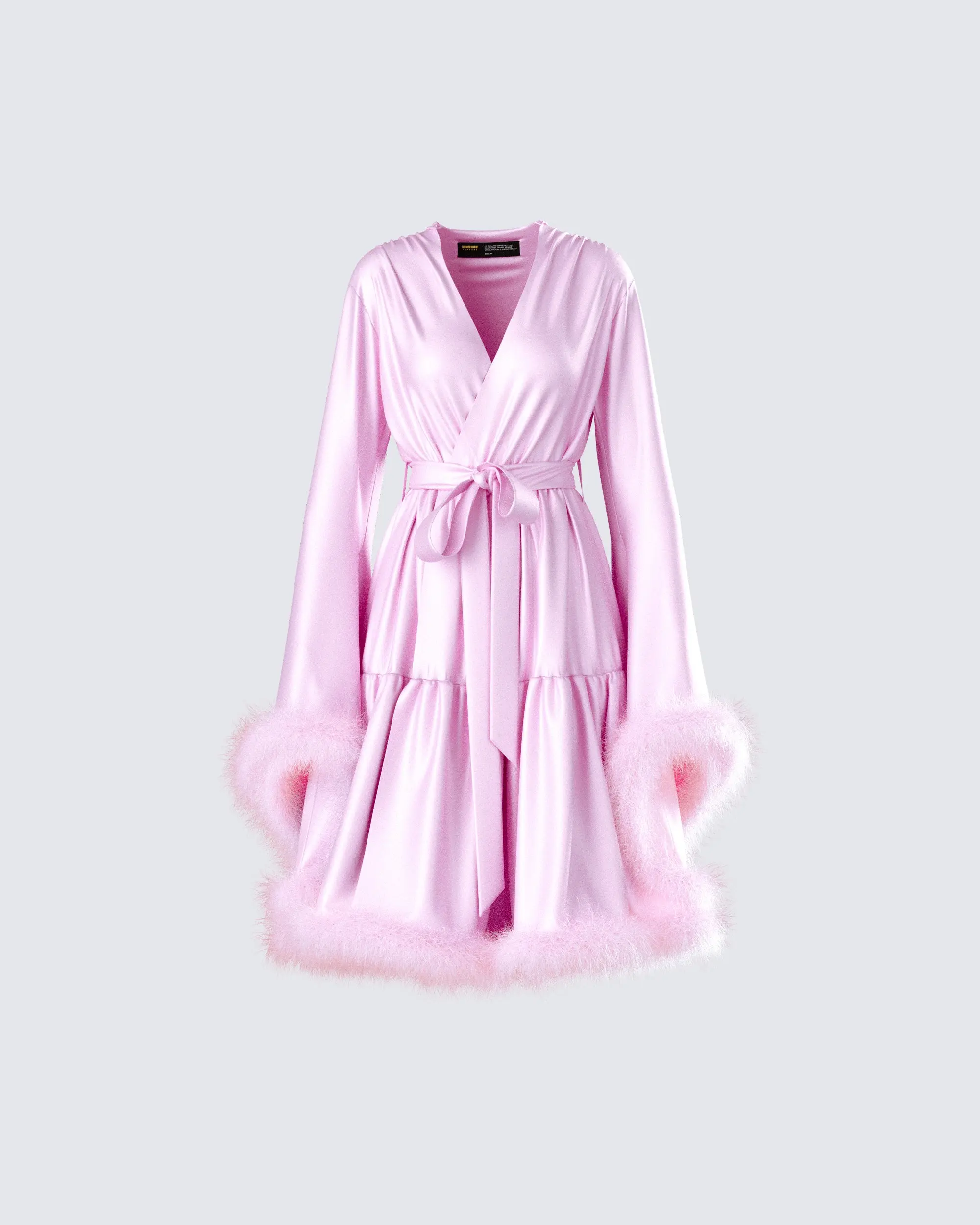 Women's Evalie Blush Pink Fluffy Feather-Trim Satin Wrap Gown - Comfortable Soft Nightwear Bathrobe & Dressing Gown