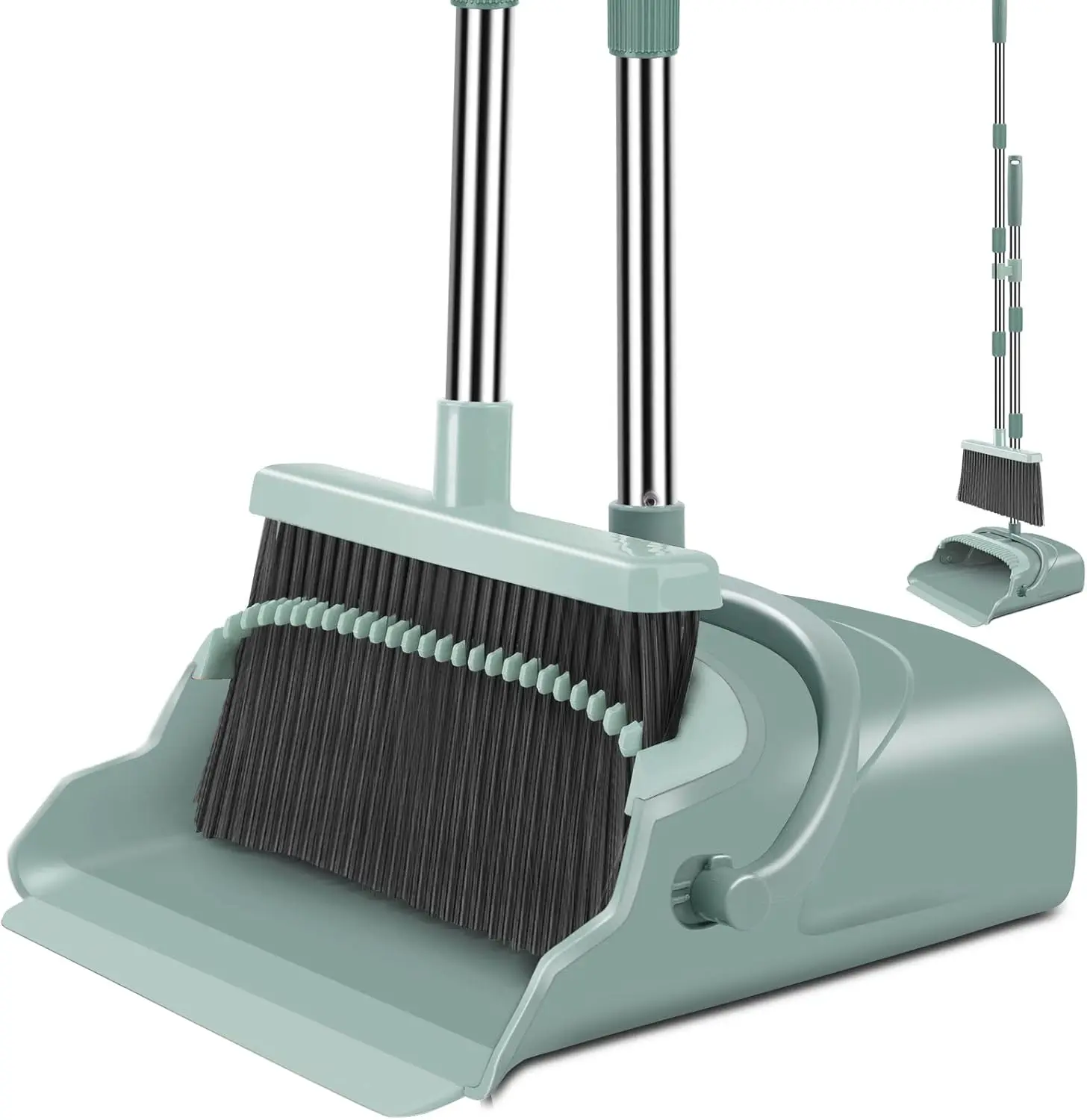 Adjustable Extendable Long-Handle Broom and Dustpan Set with Stiff Bristles & Rubber Edge, Large Upright Standing Sweeping Tool for Indoor Home & Outdoor Garage Cleaning (Green)