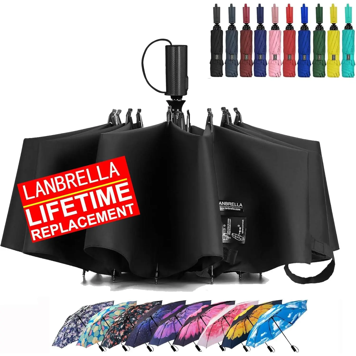 LANBRELLA Compact Reverse Folding Umbrella Auto Windproof Travel Umbrella