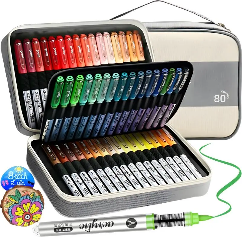 Acrylic Paint Marker Set, 80pcs/set Portable Handbag Brush Tip Marker Pen Set, Paint Pens Markers, Coloring Markers, Art Supplies for Rock Painting, Ceramic, Wood, Canvas, Glass, Stone, Fabric