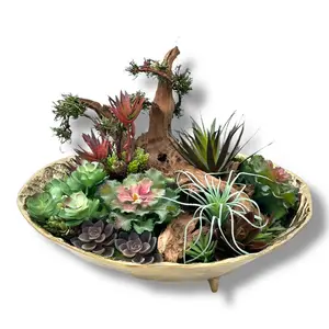 Succulent Design in Gold Circular Textured Metal Vase | One-of-a-Kind Faux Arrangement | Unique Succulent Plants for Tabletop Decor | Artificial Succulent for Plant Lovers