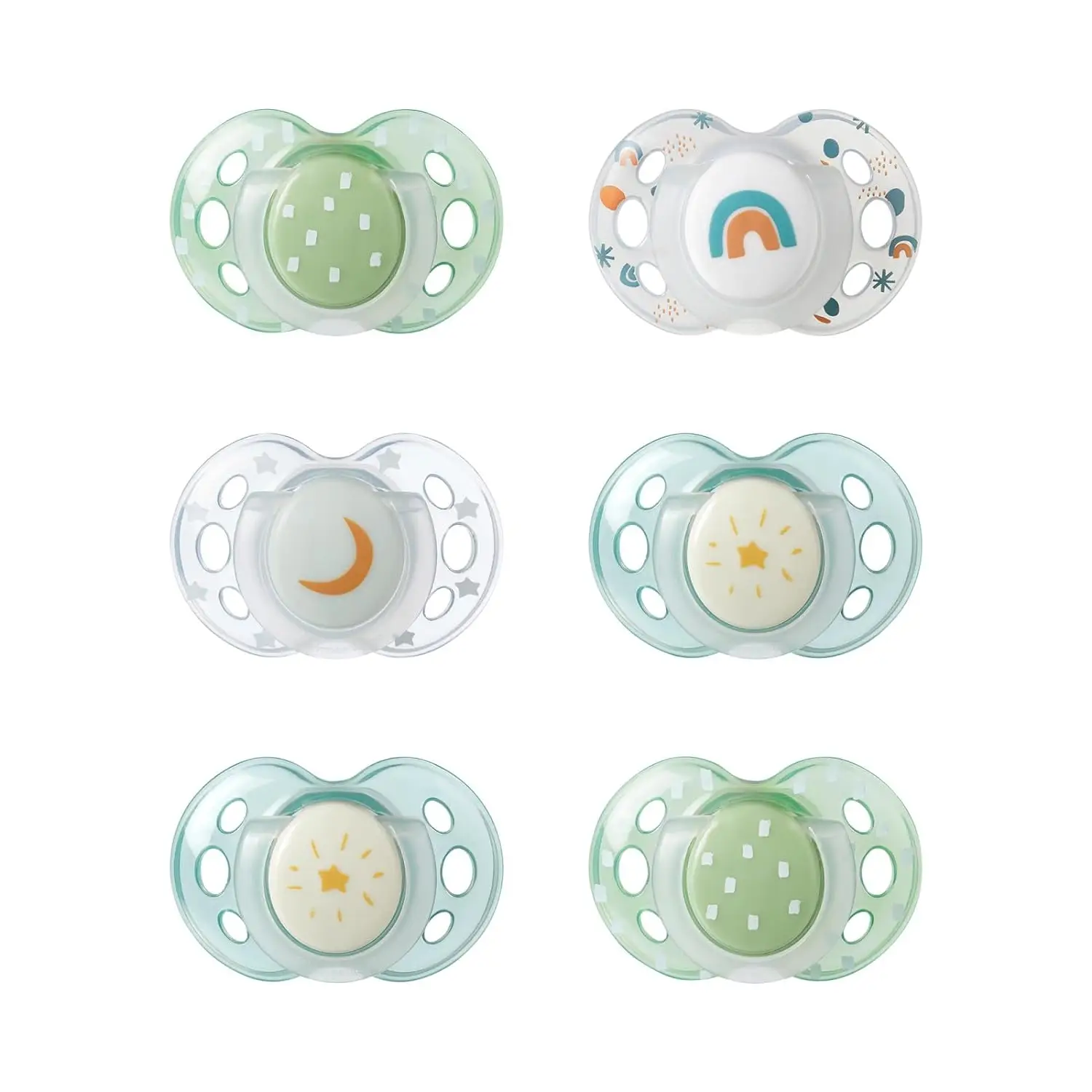 6 Pack Tommee Tippee Glow in the Dark Pacifiers with Symmetrical Silicone Baglet for 18-36 Months