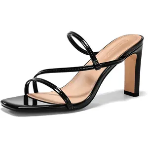 Coutgo Women's Strappy Chunky Heels Sandals Square Open Toe Slide Sandals Slip On Summer Dress Shoes
