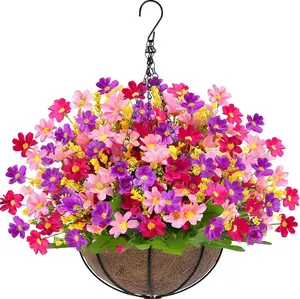 Artificial Hanging Flowers Basket for Outdoor Spring Summer Decor, Faux Silk Pink Purple Daisy Flowers in Hanging Planter,UV Resistant Fake Flower Look Real for Home Patio Balcony Yard Decor