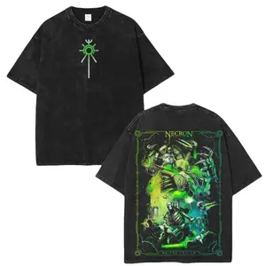 Warhammer 40000 Necron Double‑Print Vintage Washed T‑Shirt, Anime OOTD show Sci‑Fi Game Oversized Graphic Tee, Retro Streetwear Pure Cotton Casual Top, Unisex Short Sleeve Apparel for Men Women Game Fans
