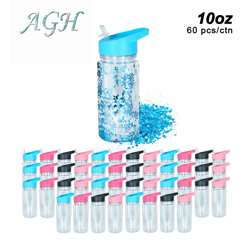 USA warehouse 60pcs/carton 300ml 10oz double wall plastic water bottle with colorful handle mixed colors with hole under bottom