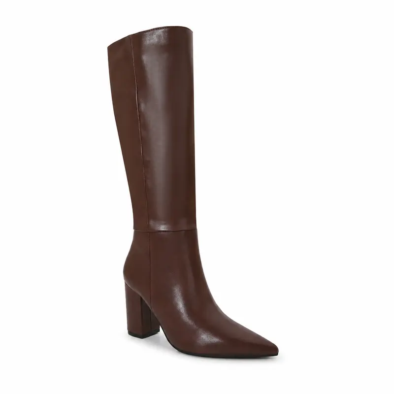 BERNESS Breanna Women's Knee-Length Solid Design Boots - Brown Synthetic Faux Leather Pointed Toe Block Heels, Elegant Fall Winter Shoes for Women for Work, Daily Wear