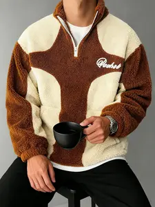 Men's Street Style Colorblock Patchwork Stand Collar Half Zip Premium Fleece Long Sleeve Sweatshirt, Fitted, Warm and Lightweight, Fall Winter Casual Wear