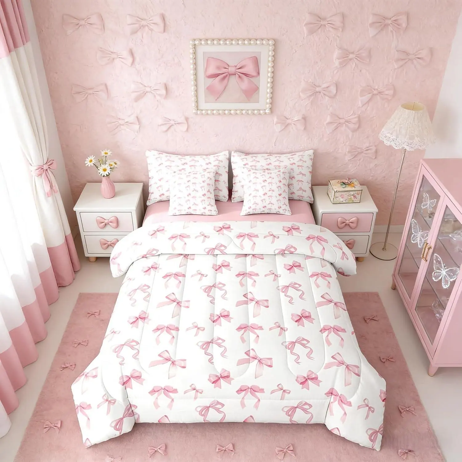 Feelyou Kids 7-Piece Princess Bedding Set - Pink Kawaii Bowknot & Ribbon Print, Breathable Fabric Bed-in-A-Bag with Flat Sheet, Fitted Sheet, Quilt Cover, Multi-Size, Flat Sheets