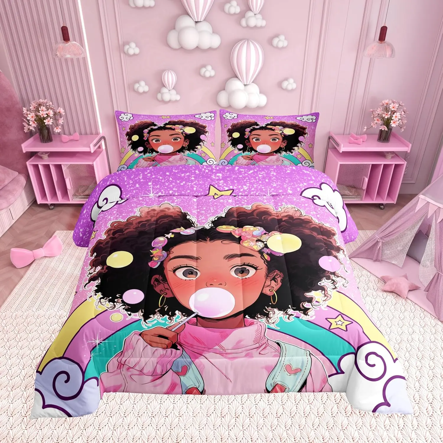 Cute Black Girls Comforter Set African Style American Quilted Duvet Girls Kids Bedroom Decor,Cartoon Star Cloud Rainbow Bedding Comforter Purple Reversible Printed Bedspread