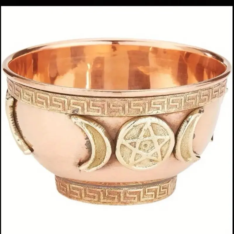 Triple Moon Pentacle Mini Altar Bowl 3" Diameter 2" Height Handcrafted Brass Ritual Incense Burner Smudging Bowl with Geometric & Greek Key Patterns Spiritual Offering Bowl for Meditation Witchcraft Home Decor