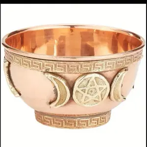 Triple Moon Pentacle Mini Altar Bowl 3" Diameter 2" Height Handcrafted Brass Ritual Incense Burner Smudging Bowl with Geometric & Greek Key Patterns Spiritual Offering Bowl for Meditation Witchcraft Home Decor