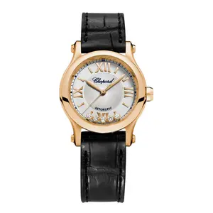 Chopard Happy Sport 30mm 274893-5001 Automatic 18K Rose Gold Silver Guilloche Dial 5 Floating Diamonds Black Leather Strap Ladies Watch WHP042360